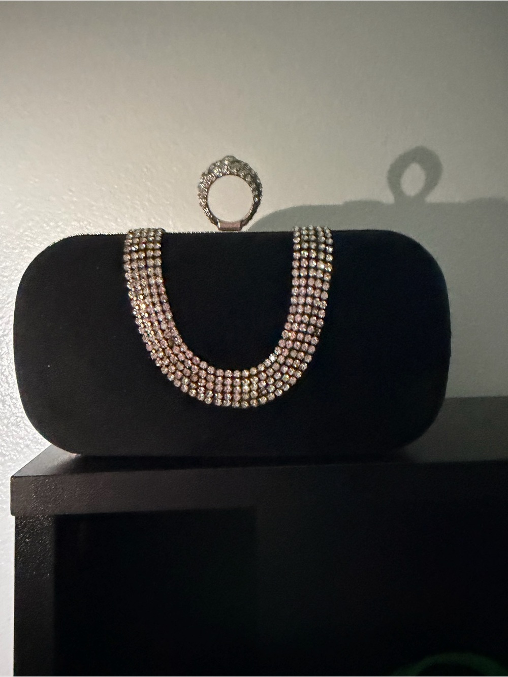 Black Velvet Crystal-Embellished Evening Clutch